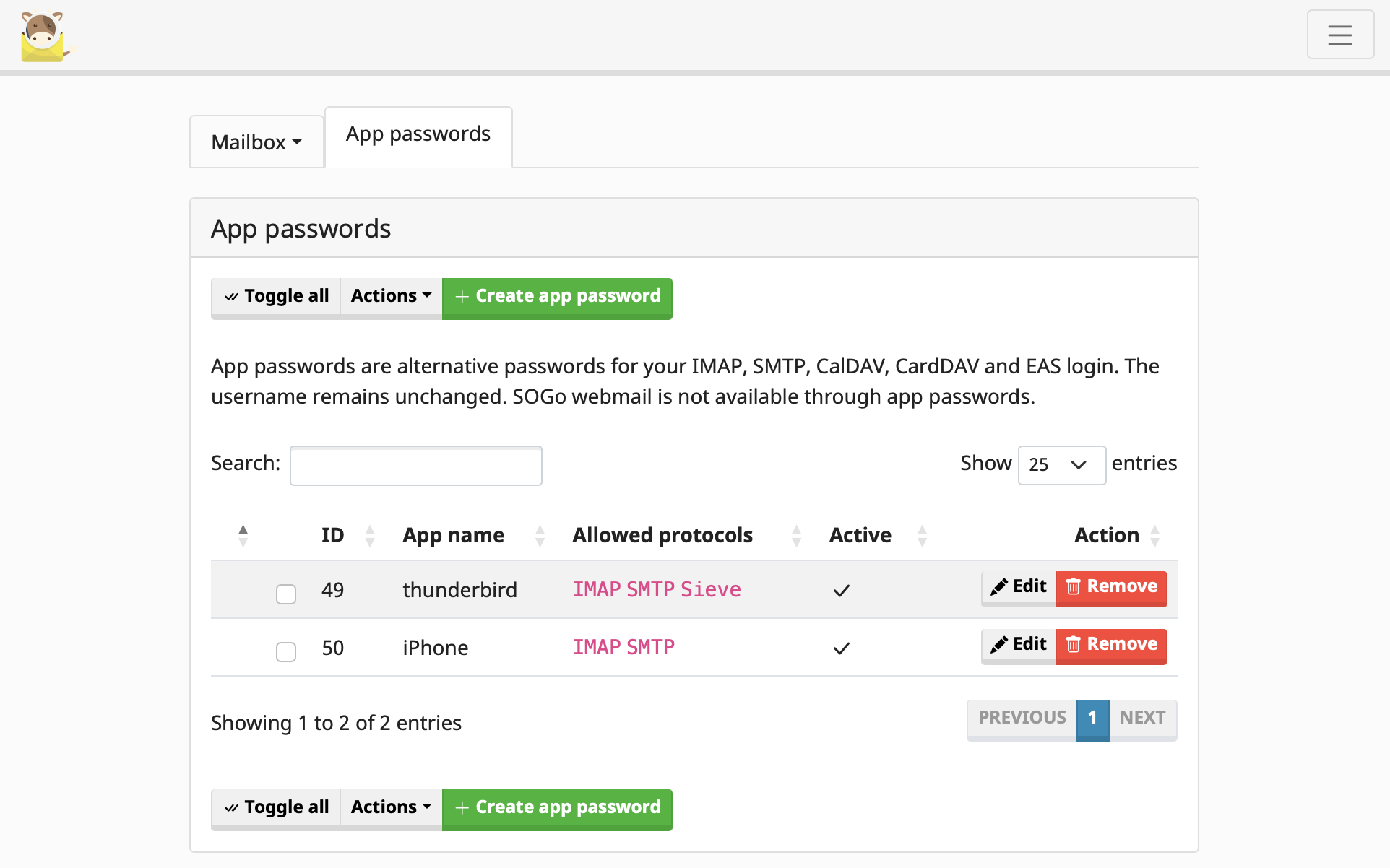 App Passwords Mailcow Interface