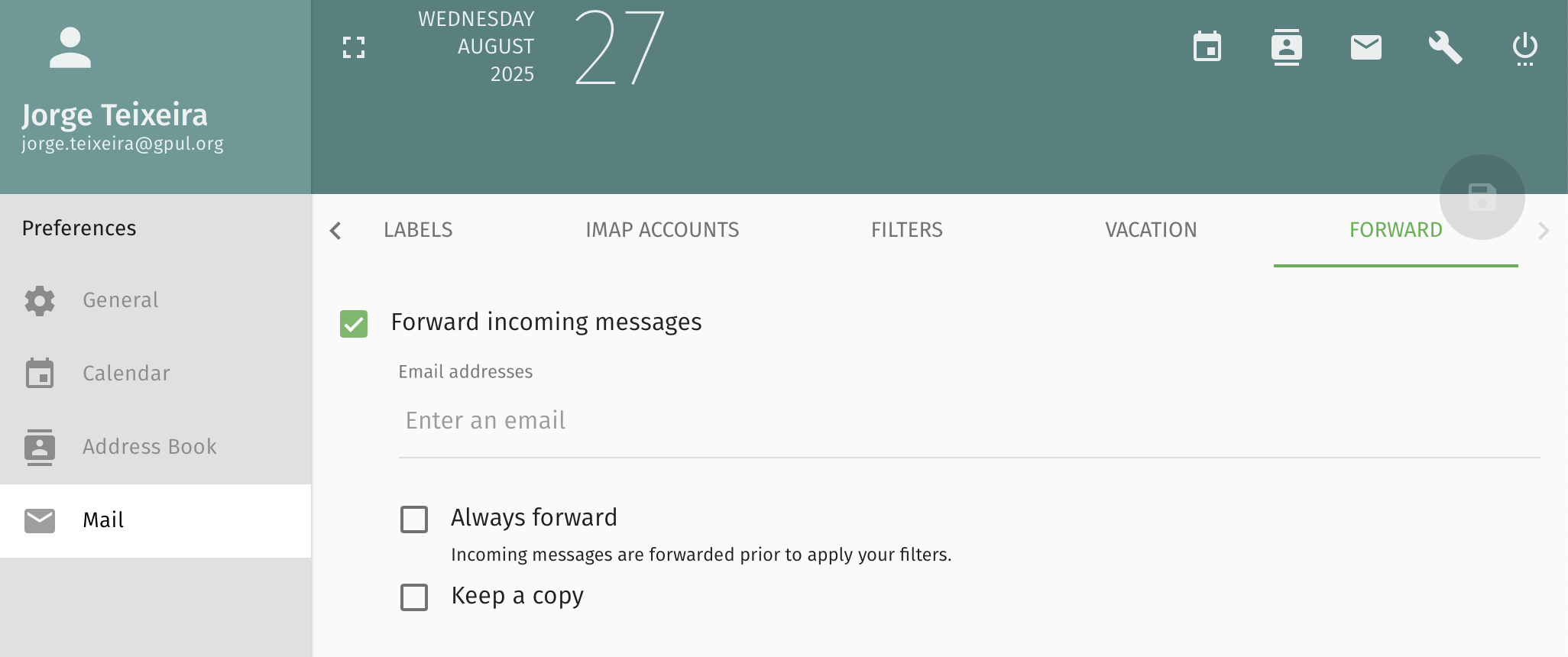 Forwards in Webmail Interface
